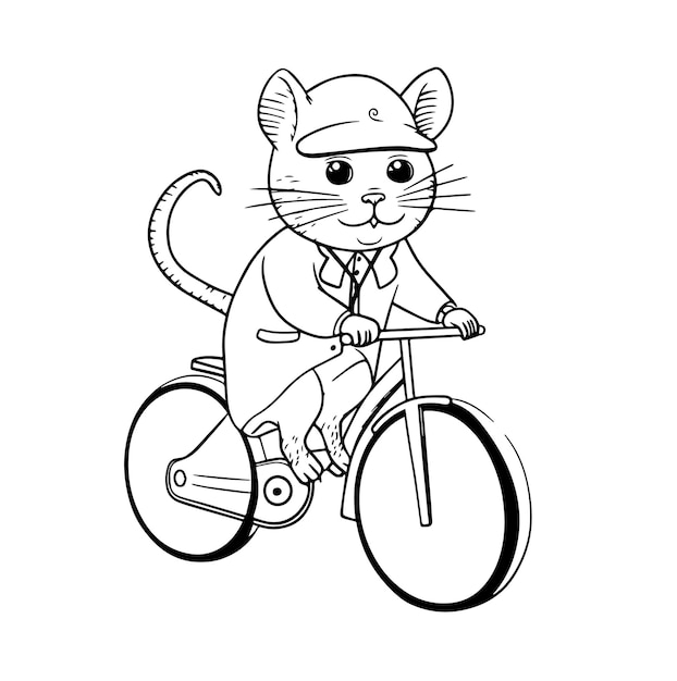 Cute vector cartoonish illustration of cat ridding bicycle line art coloring book illustration