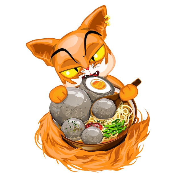 Cute vector cat eating bakso