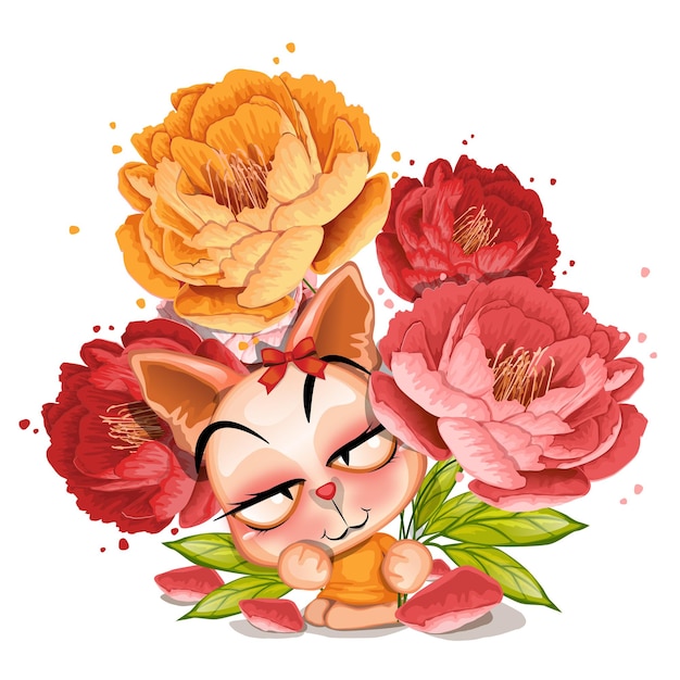 Cute vector cat with flower