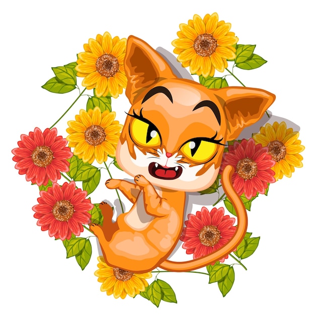 Cute vector cat with flower