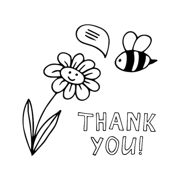 Cute vector clipart flower and bee. Thank you. Hand drawn doodle illustration friendship. Cartoon clipart for card, bedroom decor, birthday party or textile of apparel.