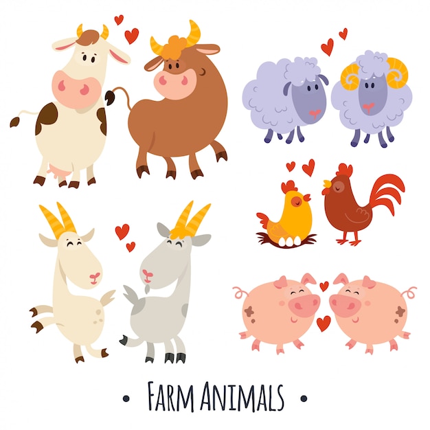 Cute vector farm animals: pig, sheep, cow, goat, hen, cock