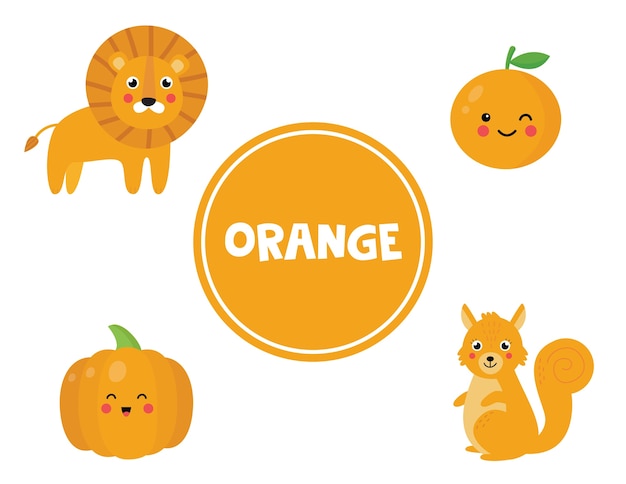 Cute vector flashcard with set of orange objects. Learning colors page for kids. Educational worksheet for preschoolers.