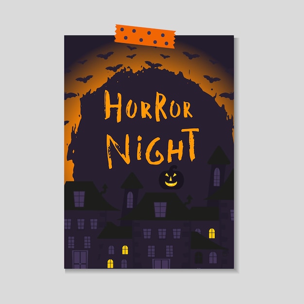 Cute vector Halloween card with dark  pumpkin,  castle, cat, ghost, bat. Elements, objects for holiday card, invitation and party design.