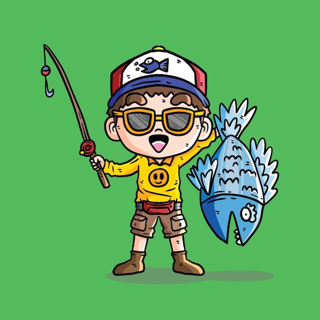 Cute Vector Illustration of Boy in yellow fishing a big fish