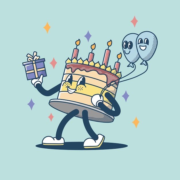 cute vector illustration of cake character holding two balloons and one gift character design