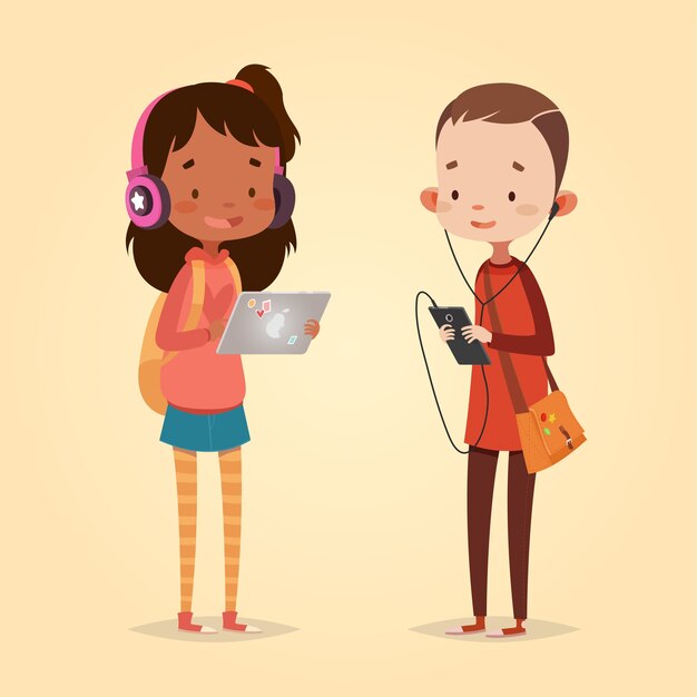 Cute vector illustration for children. Cartoon style. Isolated character. Modern technologies for kids. Girl with tablet and headphones. Boy with smart phone and headphones.