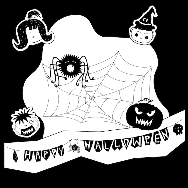 Cute vector illustration for Halloween Children spiders and pumpkins on a card