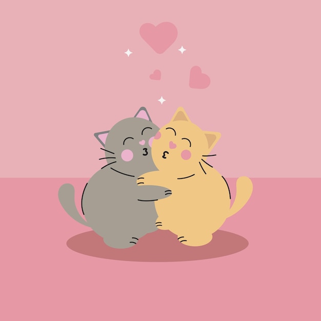 Vector cute vector illustration with kissing kittens flat style love kiss