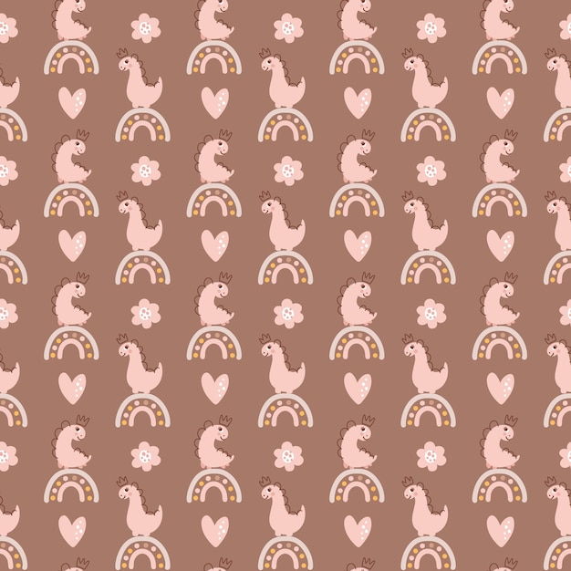 Cute vector kids seamless pattern with hand drawn girl dino flower heart and rainbow on brown background