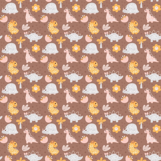 Cute vector kids seamless pattern with hand drawn girl dino flower and palm on brown background