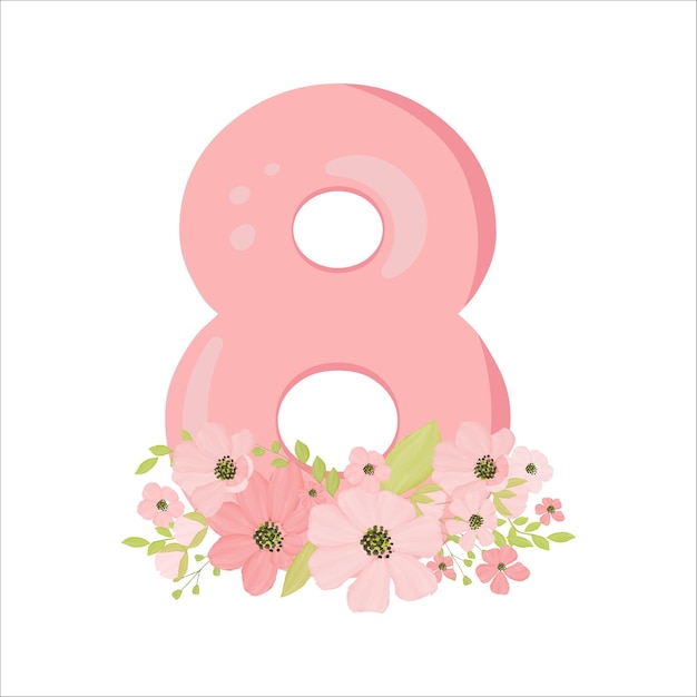 Cute vector  number eight with flowers in pastel  pink colour. Baby girl birthday concert