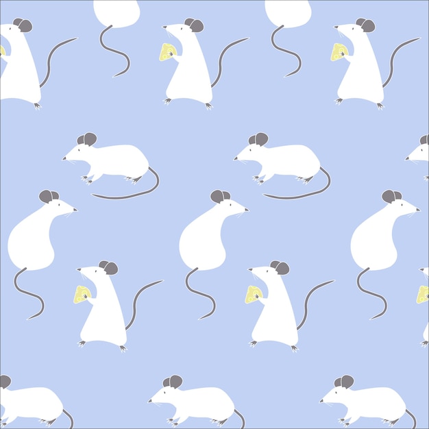 Cute vector pattern with white mice and cheese on blue background for postcards, notepads, fabric