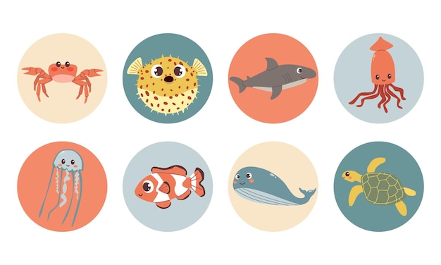 Cute vector sea animals icons in color circles for stickers and icons for children designs Flat