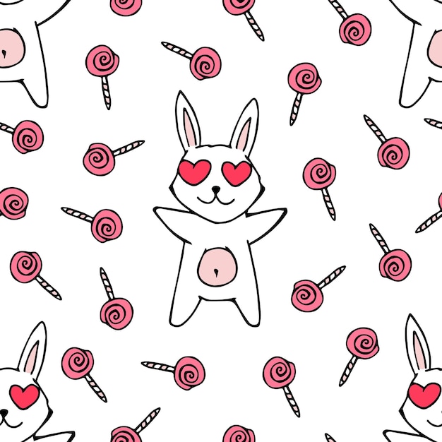 Cute Vector Seamless Animals Pattern with White Rabbits and Lollipops