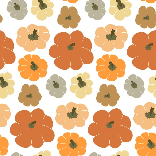 Cute vector seamless pattern background with top view pumpkins on white backdrop Different gourd