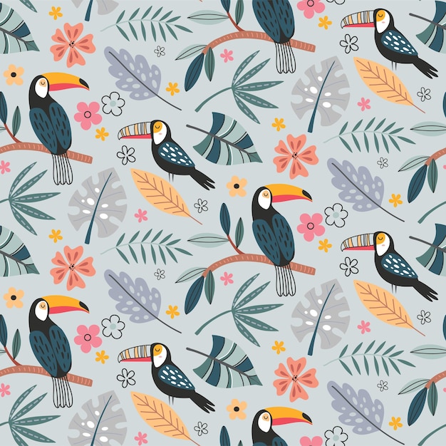 Cute vector seamless pattern with exotic birds parrot toucan and tropical plants