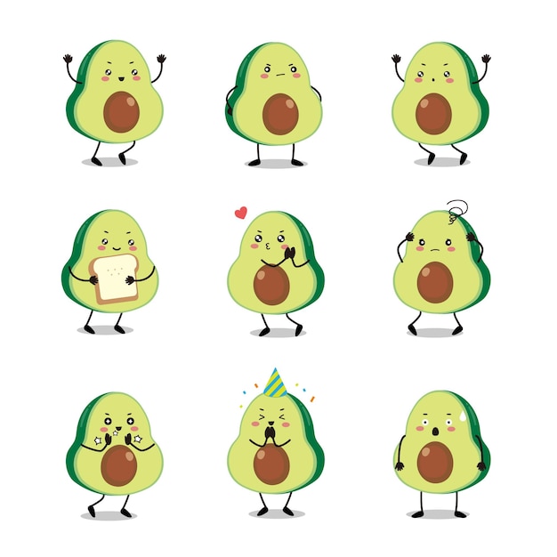 Cute vector set of avocado fruit character in different action emotion Premium Vector