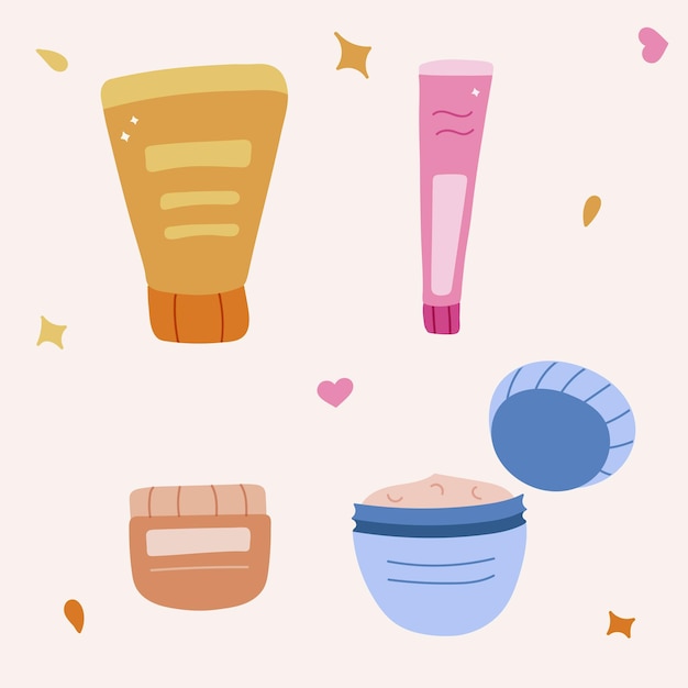 Cute vector set of creams in the tube with lid bottle and jars Face mask gel face wash Colorful clipart stylized illustration about beauty care and cosmetics for skin hair or body