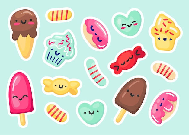 Cute vector set of kawaii icons and stickers, cartoon donuts, ice cream for textiles, prints, decor