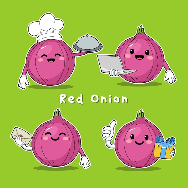 Cute Vector Set of Onion Character in different Action, Emotion isolated on Green Background