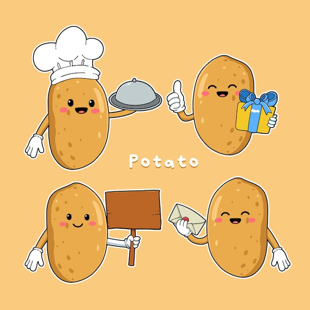 Cute Vector Set of Potato Character in different Action, Emotion isolated on Cream Background