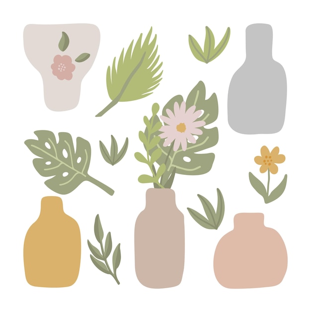 Cute vector set of vases and leaves flowers boho nursery clipart Hand drawn doodle illustration