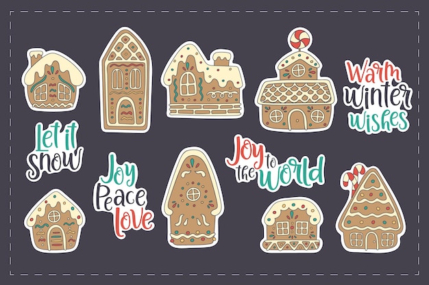 Cute vector stickers pack of doodles gingerbread houses Traditional Christmas sweets with sugar decoration and lollipop illustration in cartoon style xA