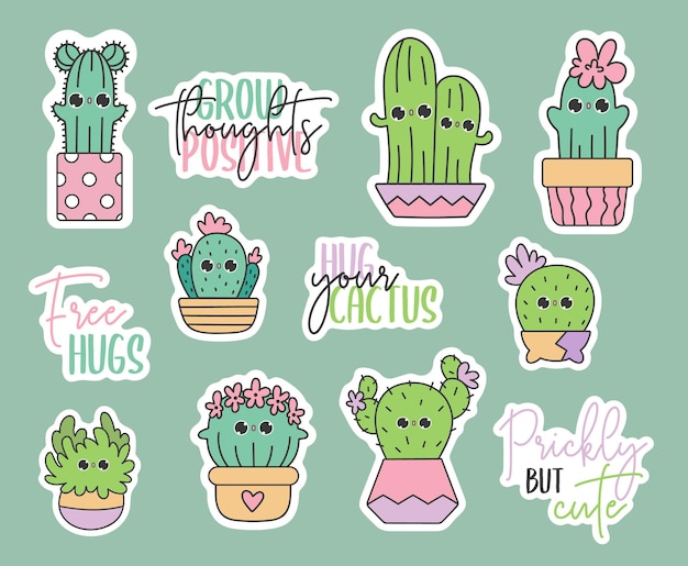 Cute vector stickers pack of kawaii doodles cactus in pots Baby cacti kids illustration in cartoon style Succulents gardening homeplants