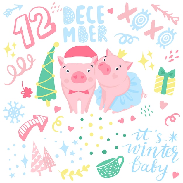 Cute vector stickers with funny pink pigs. Elements for New Year's design. Symbol of 2019 on the Chinese calendar. Pig illustration isolated on white. Cartoon animals badges.