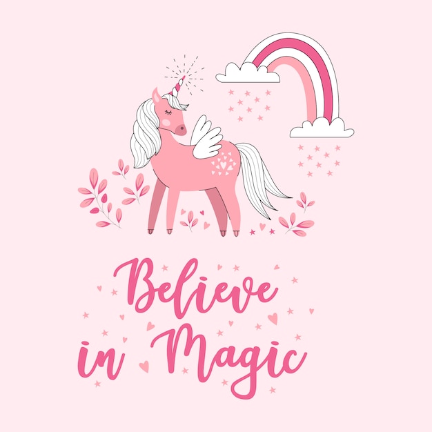 Vector cute vector unicorn illustration card with quotes