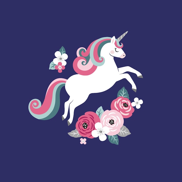 Cute vector unicorn with vintage flowers on dark blue background.