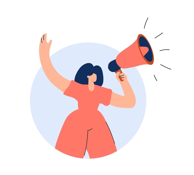 Cute vector woman shouting into megaphone about discount or protest Girl warning about seasonal sales flat