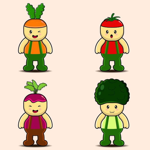 Cute vegetable character vector illustration Carrot tomato radish and broccoli vegetable mascot concept