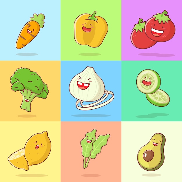 Cute vegetables cartoon characters set vegetable organic and healthy food