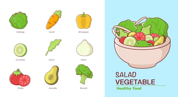 Cute vegetables cartoon elements and salad bowl vegetable organic and healthy food