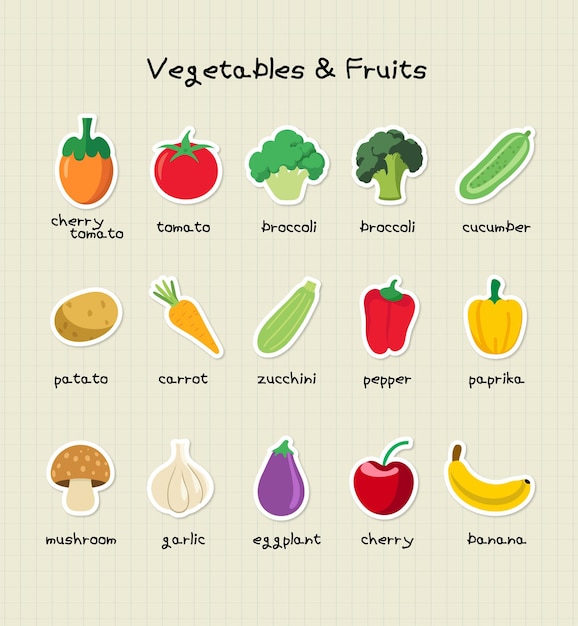 Vector cute vegetables and fruit colored icon sticker set