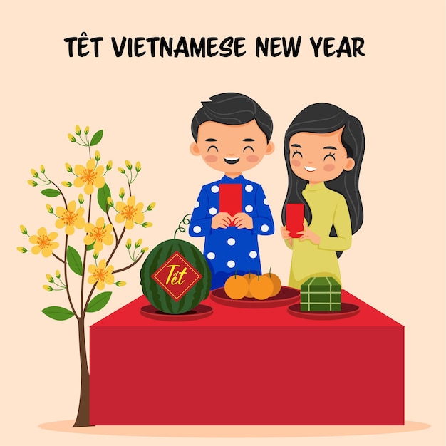 Cute Vietnam boy and girl cartoon with watermelon and yellow