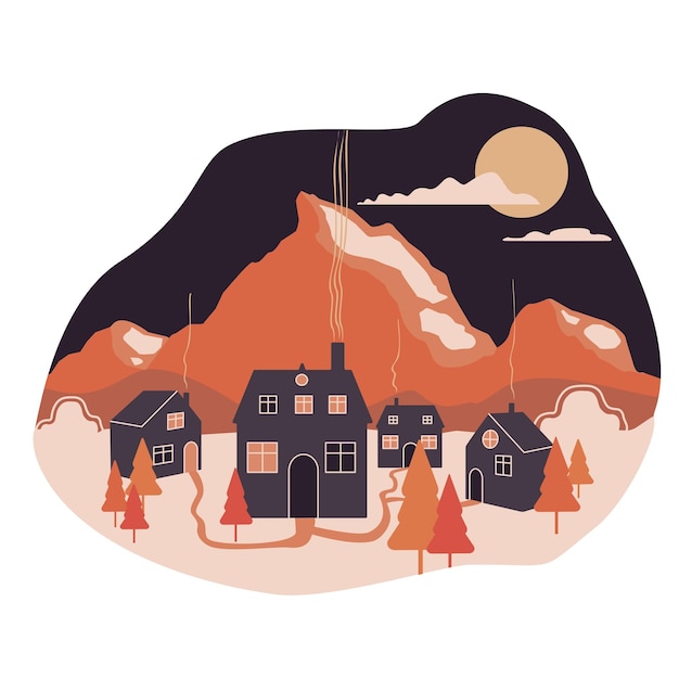 Cute village in the snowy mountains alpine village Night winter vector ullustration