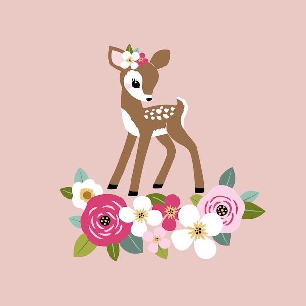 Cute vintage fawn with flowers for tee shirt logo, greeting card or poster