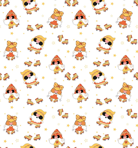 Cute vintage hippy gnome pattern seamless background summer retro groovy gnome on roller skate