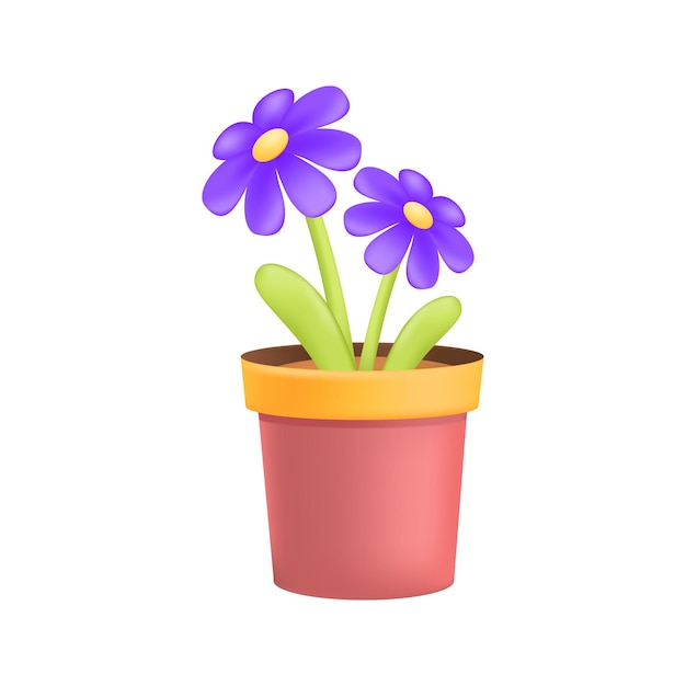 Cute violets growing in pink flowerpot 3D illustration