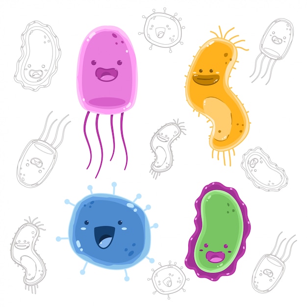 Cute virus, bacteria cartoon character set isolated on white.