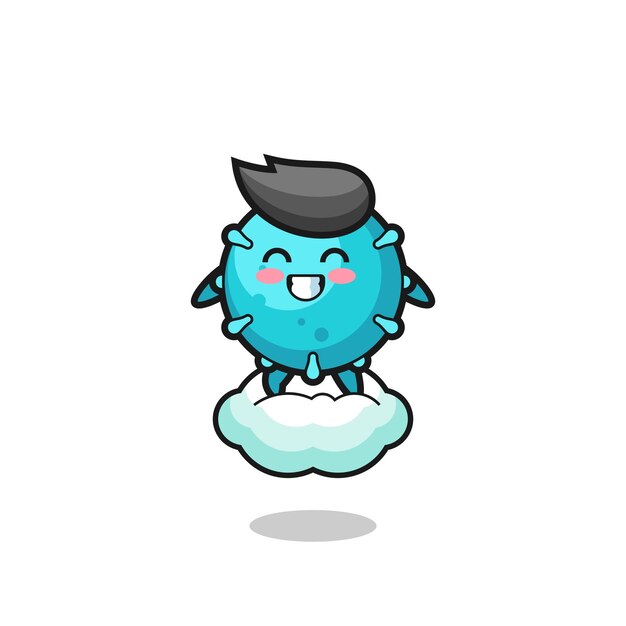 Cute virus illustration riding a floating cloud cute design