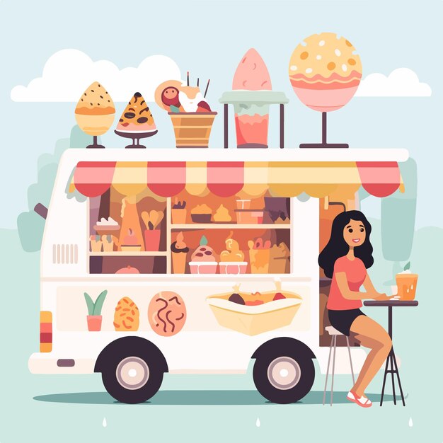 Vector cute waffle bar food truck with sweet snacks