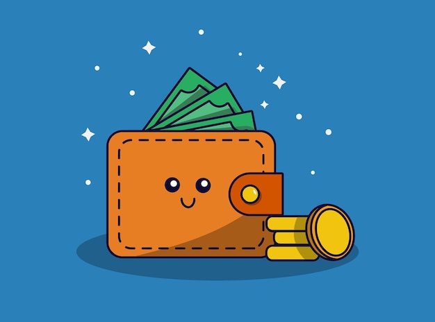 Cute wallet with money and coins in flat style Vector illustration