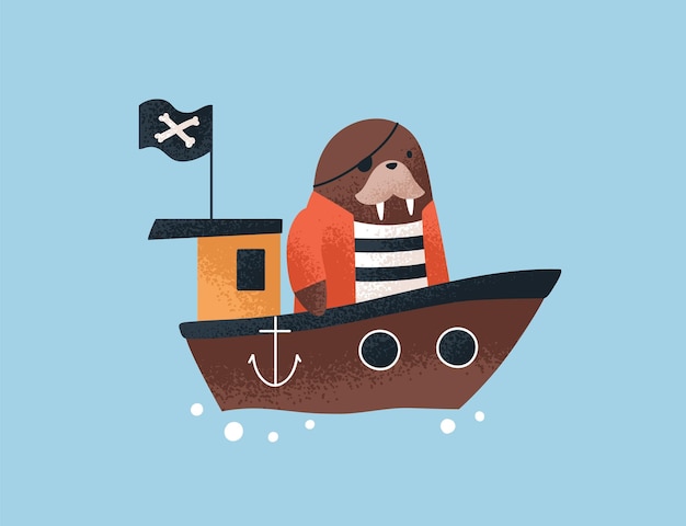 Cute walrus pirate in ship, traveling by sea. Sailor captain, baby animal in ocean. Funny childrens character at adventure. Fairytale seaman at sailing. Childish colored flat vector illustration