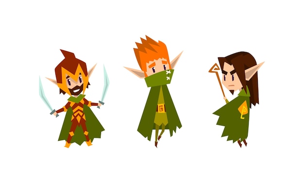 Vector cute warlike forest elves set fairytale magic characters in green clothes cartoon vector illustration