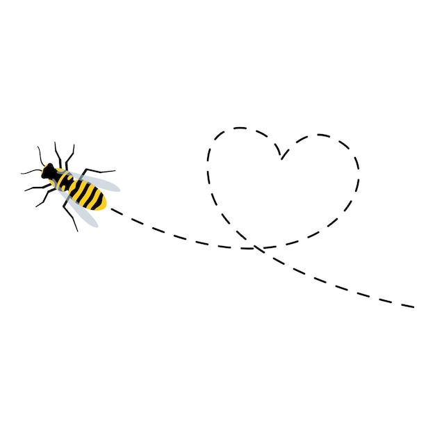 Cute wasp flying. Heart dotted lines path.