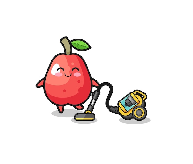 Cute water apple holding vacuum cleaner illustration